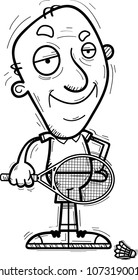 A cartoon illustration of a senior citizen man badminton player looking confident.