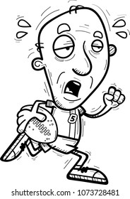 A cartoon illustration of a senior citizen man football player running and looking exhausted.