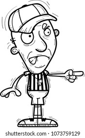 A cartoon illustration of a senior citizen man referee looking angry and pointing.