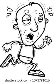 A cartoon illustration of a senior citizen man running and looking exhausted.