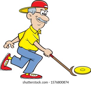 Cartoon illustration of a senior citizen playing shuffleboard.