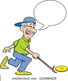 Cartoon illustration of a senior citizen playing shuffleboard with a caption balloon.