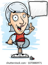 A cartoon illustration of a senior citizen woman badminton player talking.