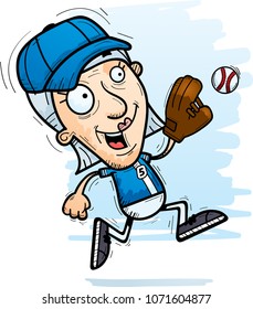 A cartoon illustration of a senior citizen woman baseball player running.