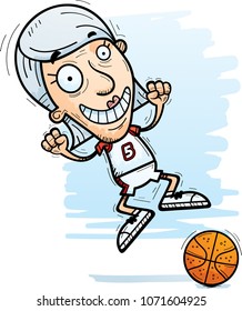 A cartoon illustration of a senior citizen woman basketball player jumping.