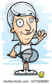 A cartoon illustration of a senior citizen woman tennis player waving.