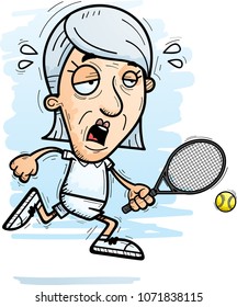 A cartoon illustration of a senior citizen woman tennis player running and looking exhausted.