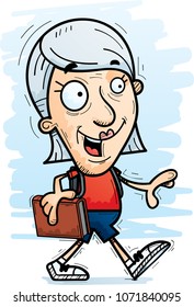A cartoon illustration of a senior citizen woman student walking.