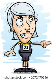 A cartoon illustration of a senior citizen woman track and field athlete looking angry and pointing.