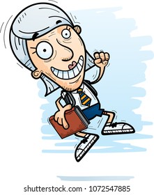 A cartoon illustration of a senior citizen woman student jumping.