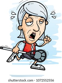 A cartoon illustration of a senior citizen woman lacrosse player running and looking exhausted.