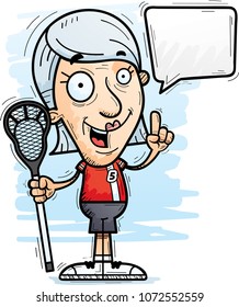 A cartoon illustration of a senior citizen woman lacrosse player talking.