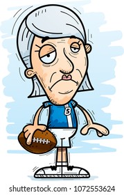 A cartoon illustration of a senior citizen woman football player looking sad.