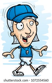 A cartoon illustration of a senior citizen woman coach walking.