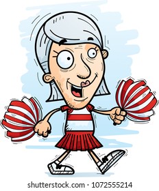 A cartoon illustration of a senior citizen woman cheerleader walking.
