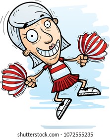 A cartoon illustration of a senior citizen woman cheerleader jumping.
