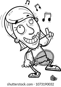 A cartoon illustration of a senior citizen woman badminton player dancing.