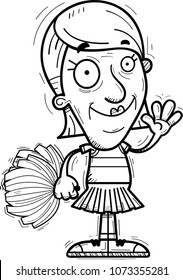 A cartoon illustration of a senior citizen woman cheerleader waving.