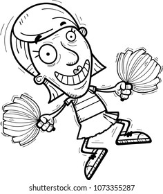 A cartoon illustration of a senior citizen woman cheerleader jumping.