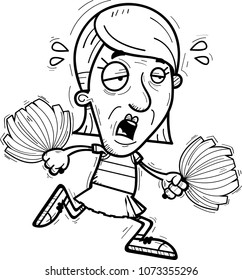 A cartoon illustration of a senior citizen woman cheerleader running and looking exhausted.