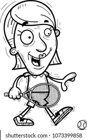 A cartoon illustration of a senior citizen woman tennis player walking.