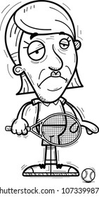 A cartoon illustration of a senior citizen woman tennis player looking sad.