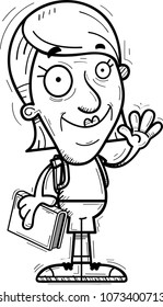 A cartoon illustration of a senior citizen woman student waving.