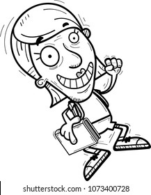 A cartoon illustration of a senior citizen woman student jumping.