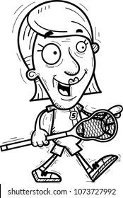 A cartoon illustration of a senior citizen woman lacrosse player walking.