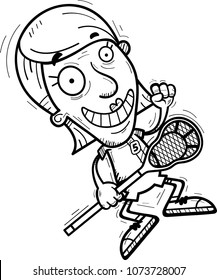 A cartoon illustration of a senior citizen woman lacrosse player jumping.