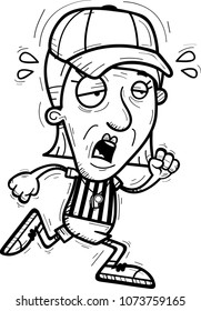 A cartoon illustration of a senior citizen woman referee running and looking exhausted.