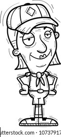 A cartoon illustration of a senior citizen woman scout looking confident.