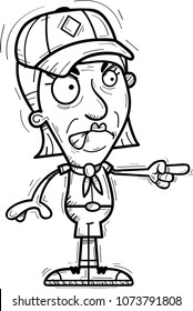 A cartoon illustration of a senior citizen woman scout looking angry and pointing.