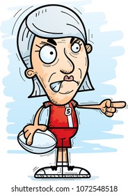 A cartoon illustration of a senior citzen woman rugby player looking angry and pointing.