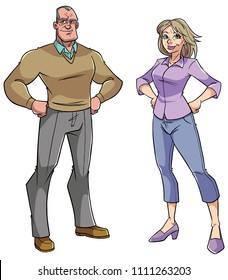 Cartoon illustration of senior couple on white background.