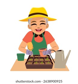 Cartoon illustration of a senior woman happily planting seeds in a flowerpot. Drawing concept for gardening, lifestyle and environmental themes