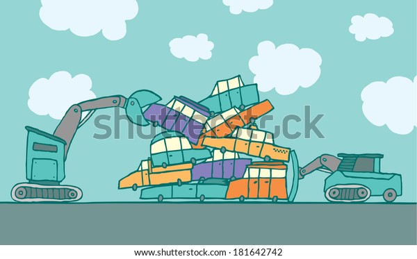 Cartoon illustration of service vehicles putting\
colors cars together in a\
junkyard