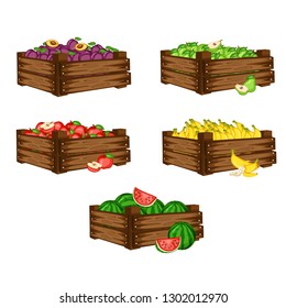 Cartoon Illustration Set of 5 Wooden Boxes with Different Vegetables. Veggies in Big Containers Vector Isolated on White Background. Plum, Pear, Watermelon, Banana, Apple