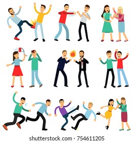 Cartoon illustration set of angry people fighting and shouting at each other. Male and female characters making loud public scandal. Aggressive and violent behavior. Flat vector isolated on white.