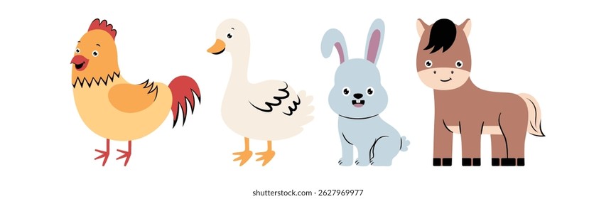 Cartoon illustration of a set of cheerful farmyard animals, including a chicken, duck, rabbit and horse, isolated on a white background.