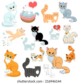 cartoon illustration of a set of colored different cats