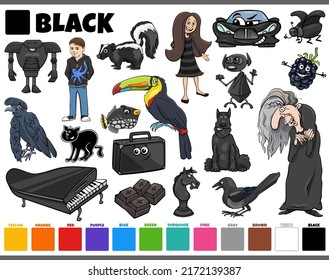 Ilustración de dibujos animados con caracteres cómicos como personas y animales u objetos en negro