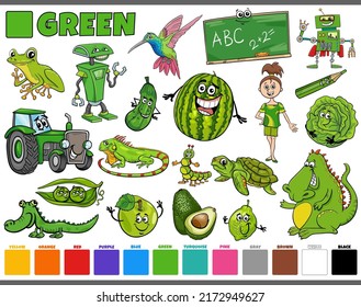 Cartoon illustration set with comic characters such as people and animals or objects in green