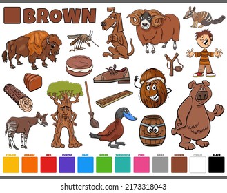 Cartoon illustration set with comic characters such as people and animals or objects in brown