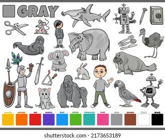 Cartoon illustration set with comic characters such as people and animals or objects in gray
