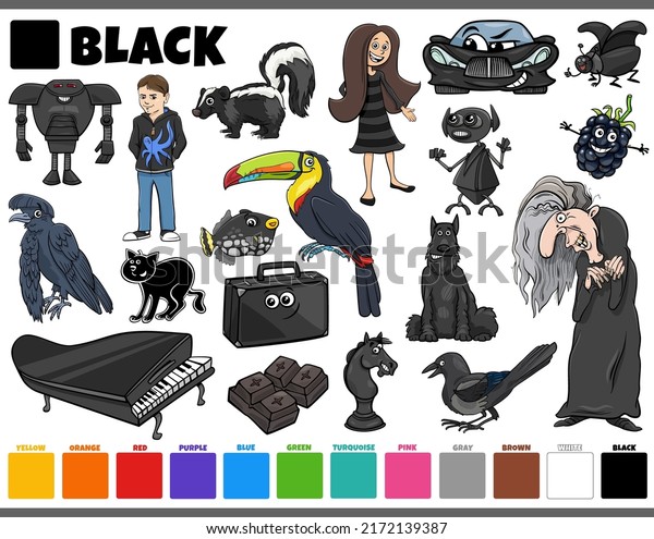 Cartoon illustration set with comic\
characters such as people and animals or objects in\
black
