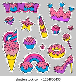 Cartoon illustration set of crown, diamond, star, pomade, cupcake, ice cream, donut and other. Design for embroidery, sticker or pin