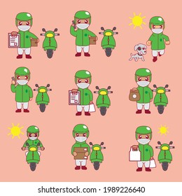 cartoon illustration set of cute character bundle delivery man masked in green jacket carrying goods