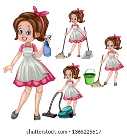 Cartoon Illustration Set of a Cute Retro Housewife in Different Positions Isolated on White Background. Beautiful House Cleaner Holding  Floor Mop, Spray Bottle, Dust Stick, Vacuum Cleaner