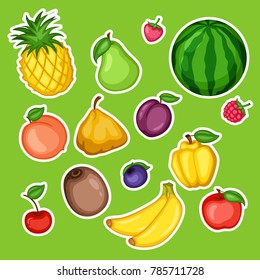 Cartoon Illustration Set of Different  Fruit Stickers on Green Background